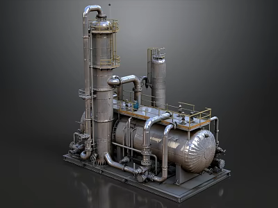 Industrial Processing Equipment With Metal Tower Piping System And Storage Tanks 3d model