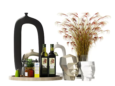 Modern Decorative Ornament Set with Geometric Sculptures Dried Grass Plants and Olive Oil Bottles 3d model