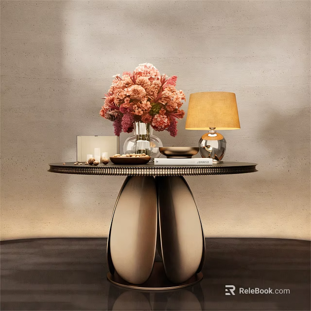 Elegant Console Table With Pink Flower Bouquet Table Lamp And Round Metal Base 3d model 