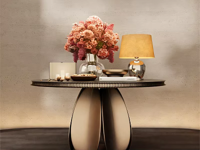 Elegant Console Table With Pink Flower Bouquet Table Lamp And Round Metal Base 3d model