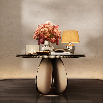 Elegant Console Table With Pink Flower Bouquet Table Lamp And Round Metal Base 3d model