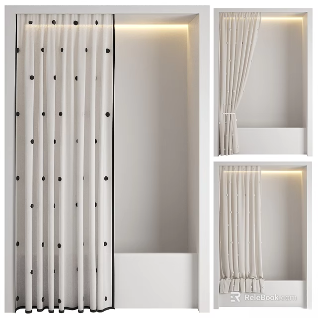 Modern Bathroom Laundry Essentials With Polka Dot Shower Curtain And White Storage Shelves 3d model 