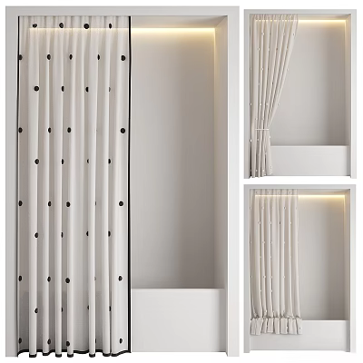 Modern Bathroom Laundry Essentials With Polka Dot Shower Curtain And White Storage Shelves 3d model