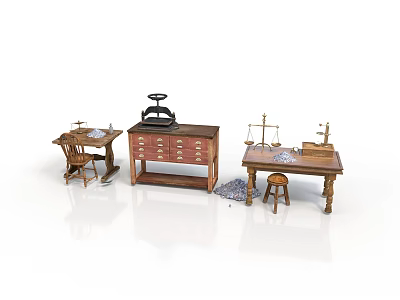Vintage Wooden Furniture Set With Writing Desks Chest Of Drawers And Stools 3d model