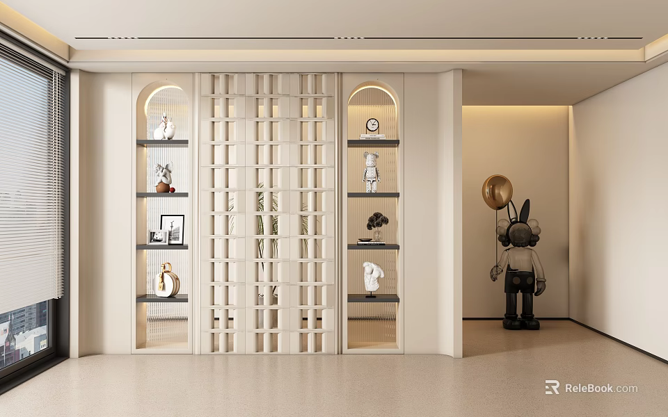 Modern Foyer Passage With Grid Partition Decorative Shelves And Art Sculpture 3d model 