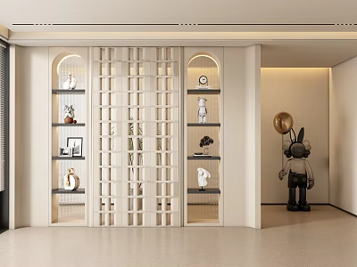 Modern Foyer Passage With Grid Partition Decorative Shelves And Art Sculpture 3d model