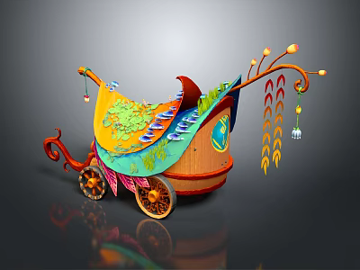 Colorful Ornate Carriage with Artistic Wheels Tassels and Vibrant Decorations 3d model