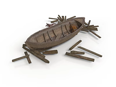 Old Wooden Boat Surrounded By Scattered Planks On White Surface 3d model