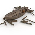 Old Wooden Boat Surrounded By Scattered Planks On White Surface 3d model