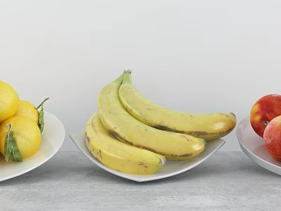 Fresh Lemons Bananas and Peaches on Plates Over Grey Tabletop White Background 3d model