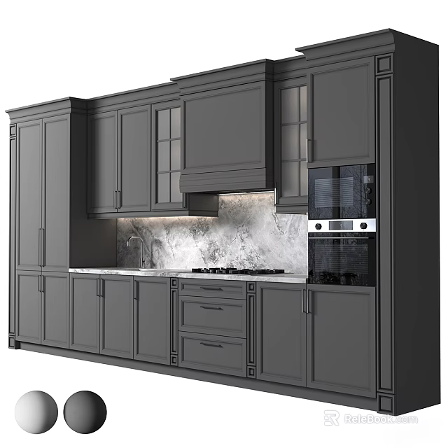 Modern Kitchen Interior With Gray Cabinets Marble Countertop Sink Range Hood And Oven 3d model 