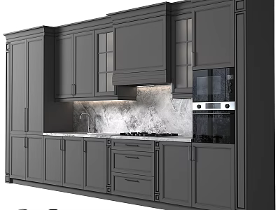 Modern Kitchen Interior With Gray Cabinets Marble Countertop Sink Range Hood And Oven 3d model