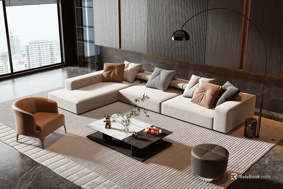 Modern L Shaped Sofa And Coffee Table Set With Decorative Pillows And City View 3d model 