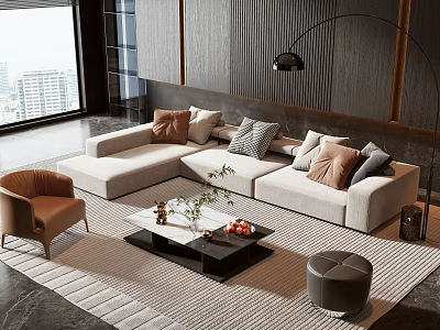 Modern L Shaped Sofa And Coffee Table Set With Decorative Pillows And City View 3d model