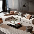 Modern L Shaped Sofa And Coffee Table Set With Decorative Pillows And City View