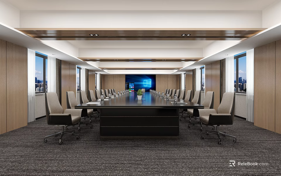 Modern Conference Room With Long Table Chairs Large Screen And City View Windows 3d model 