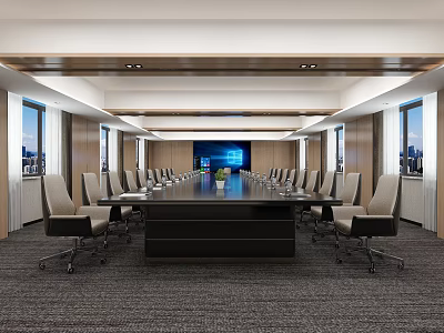 Modern Conference Room With Long Table Chairs Large Screen And City View Windows 3d model