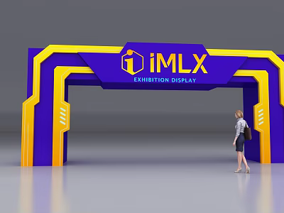 Modern Exhibition Gateway in Purple Yellow with iMLX Display and Geometric Design 3d model