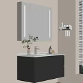 Modern Bathroom Vanity With Mirror Blinds Sink Faucet And Decorative Plant