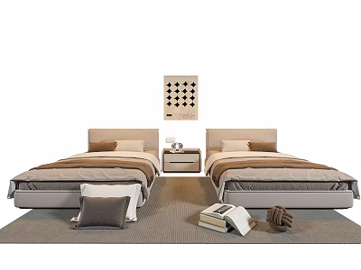 Modern Single Bed Bedroom Setup With Nightstand Pillows Rug And Wall Art 3d model