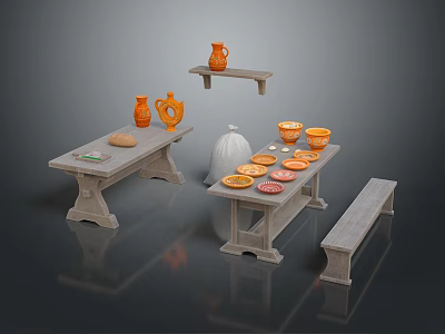 Rustic Stone Dining Table Set With Benches Clay Jars Bread Plates And Bowls 3d model