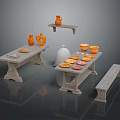 Rustic Stone Dining Table Set With Benches Clay Jars Bread Plates And Bowls 3d model