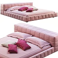 Pink Upholstered Double Bed With Soft Headboard And Pink White Pillows 3d model
