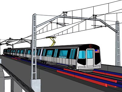Electric Tram Running on Elevated Track With Overhead Wires and Multiple Carriages Blue Windows 3d model