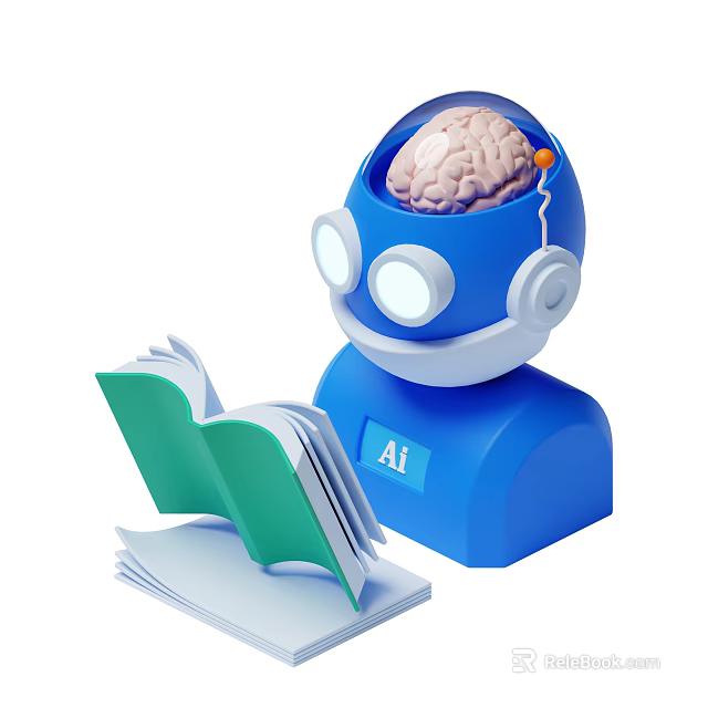 Smart AI Robot With Brain Reading Open Green Book And Study Papers 3d model 