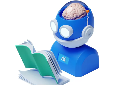 Smart AI Robot With Brain Reading Open Green Book And Study Papers 3d model