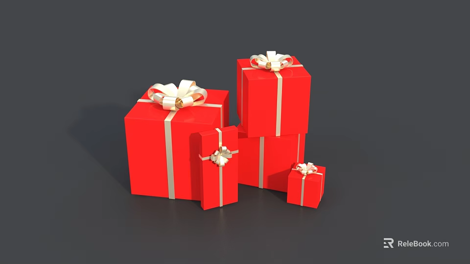 Colorful Red Gift Boxes In Various Sizes With White Bows And Golden Ribbons 3d model 