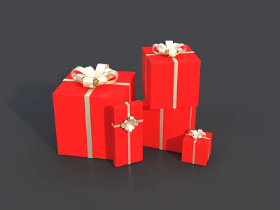 Colorful Red Gift Boxes In Various Sizes With White Bows And Golden Ribbons 3d model