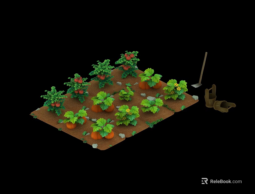 Cartoon Garden Scene With Various Plants Vegetables And Tools Like Shovel And Basket On Soil 3d model 
