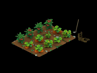Cartoon Garden Scene With Various Plants Vegetables And Tools Like Shovel And Basket On Soil 3d model