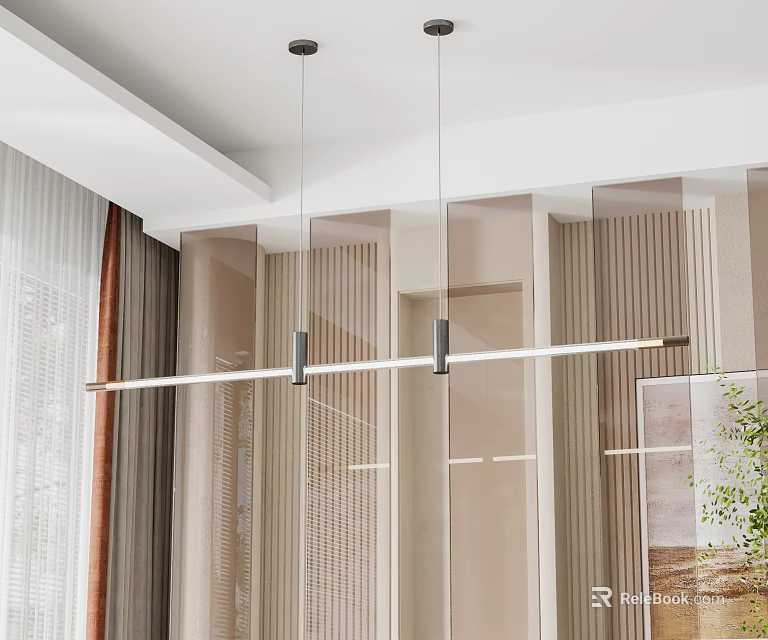 Modern Linear Pendant Light With Black Metal Accents In Beige Textured Wall Living Room 3d model 