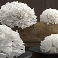 White Fluffy Mushroom Clusters Displayed On Wooden Log And Plates