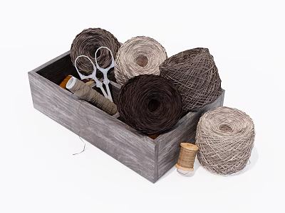 Wooden Box With Colorful Thread Spools Scissors And Sewing Supplies 3d model