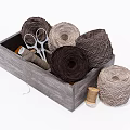 Wooden Box With Colorful Thread Spools Scissors And Sewing Supplies