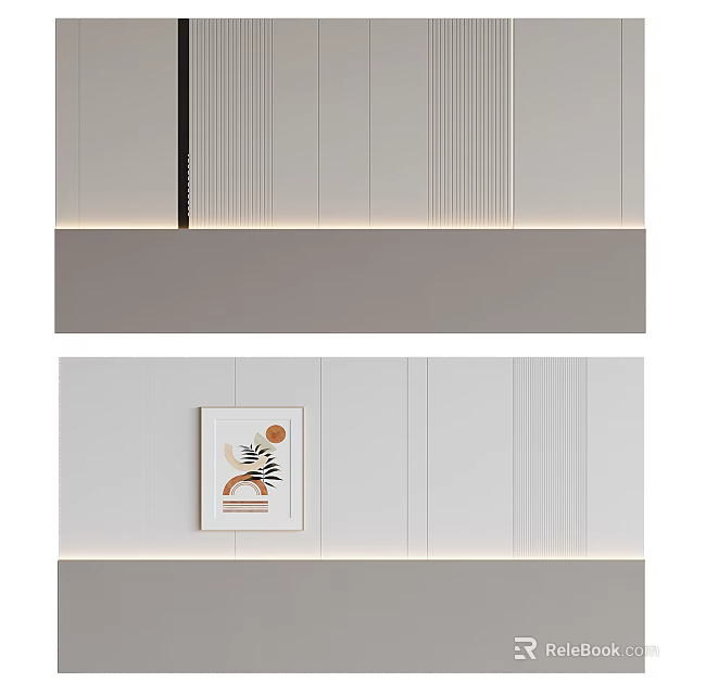 Minimalist Bed Accent Wall With Linear Patterns LED Lighting And Art 3d model