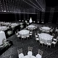 Elegant Wedding Banquet Hall With White Tablecloths Flower Arrangements And Chandeliers