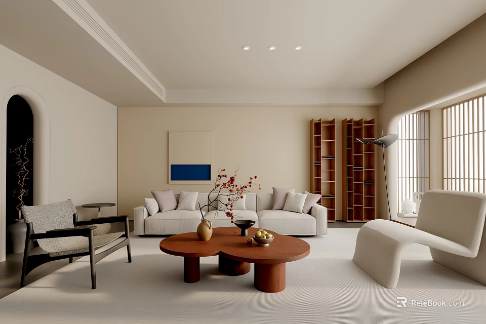 Cozy Neutral Tone Living Room Interior With Soft Fabric Sofa And Stylish Wooden Coffee Table 3d model 