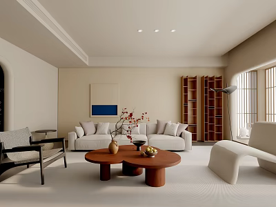 Cozy Neutral Tone Living Room Interior With Soft Fabric Sofa And Stylish Wooden Coffee Table 3d model