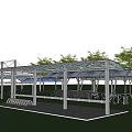 Outdoor Canopy Structure With Benches And Paved Area On Green Grass