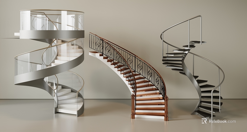 Modern Spiral Staircase Designs With Curved Railings Wooden Steps And Glass Elements 3d model 