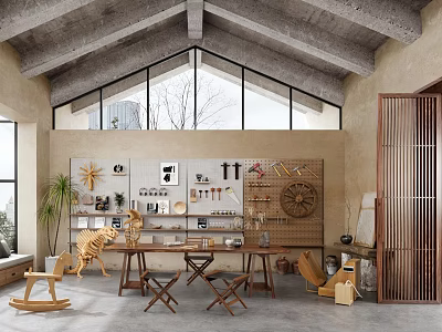 Modern Recreation Room Interior With Wooden Furniture Large Windows Concrete Ceiling And Wall Decor 3d model