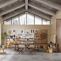 Modern Recreation Room Interior With Wooden Furniture Large Windows Concrete Ceiling And Wall Decor