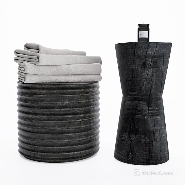 Stacked Gray Towels And Textured Black Bottle For Daily Washing Essentials 3d model 