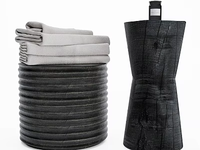 Stacked Gray Towels And Textured Black Bottle For Daily Washing Essentials 3d model