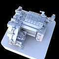 Detailed Silver Metallic Mechanical Component 3D Model on White Base Stand
