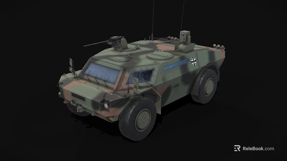 Military Armored Vehicle With Camouflage Paint Weapon Mount And Cross Insignia 3d model 